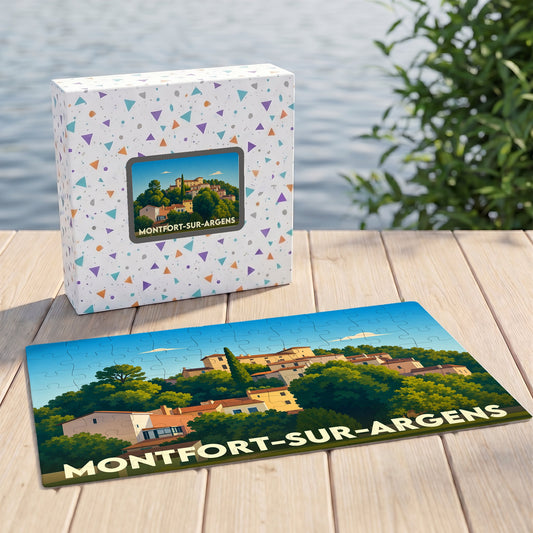 Puzzle souvenir de la ville de Montfort-sur-Argens avec une illustration stylisée et colorée.