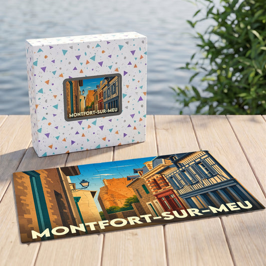Puzzle souvenir de la ville de Montfort-sur-Meu avec une illustration stylisée de ses rues historiques.