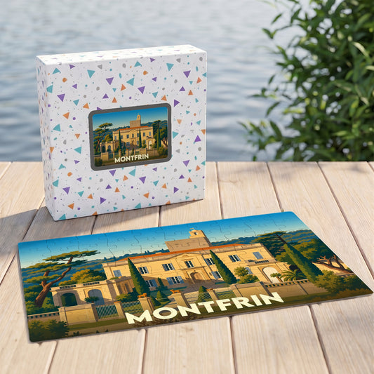 Puzzle souvenir de la ville de Montfrin avec une illustration stylisée de son château présentée sur sa boîte et en version assemblée.