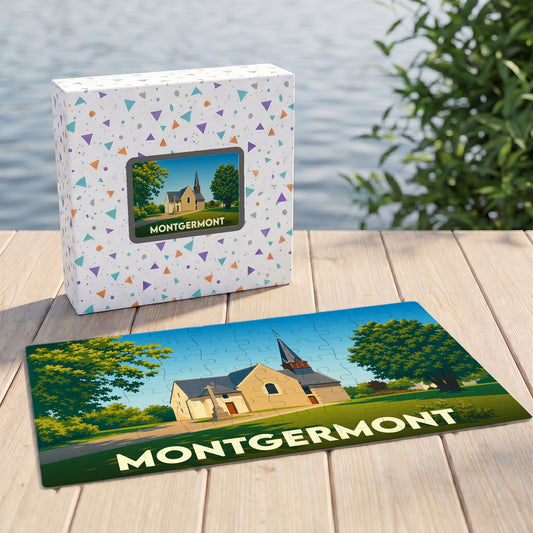 Puzzle souvenir de la ville de Montgermont avec une illustration stylisée d'une église.