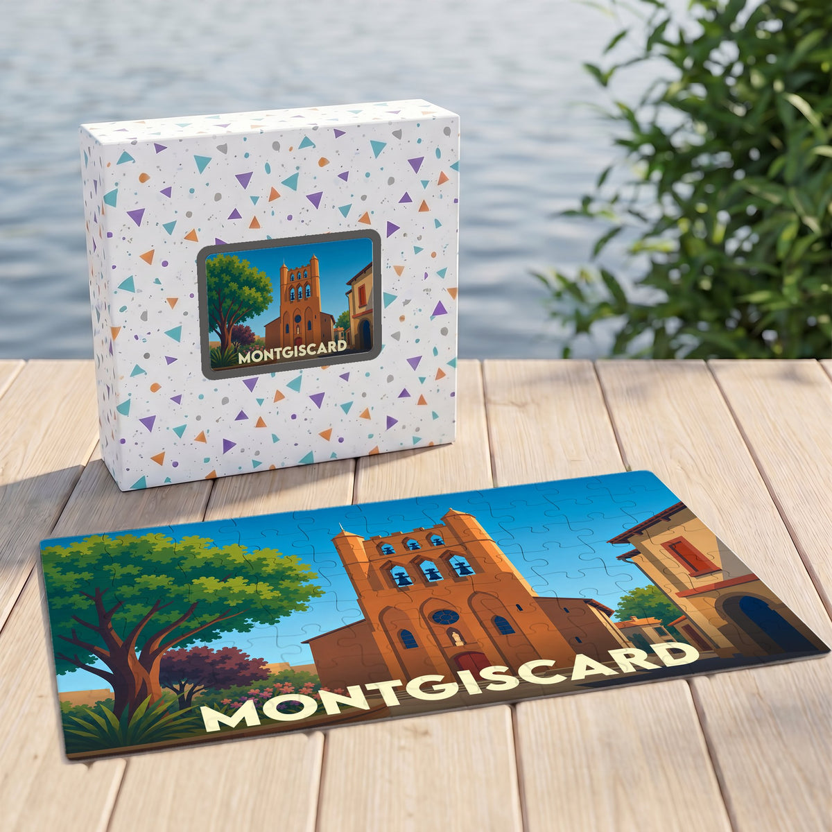 Puzzle souvenir de la ville de Montgiscard avec une illustration stylisée.