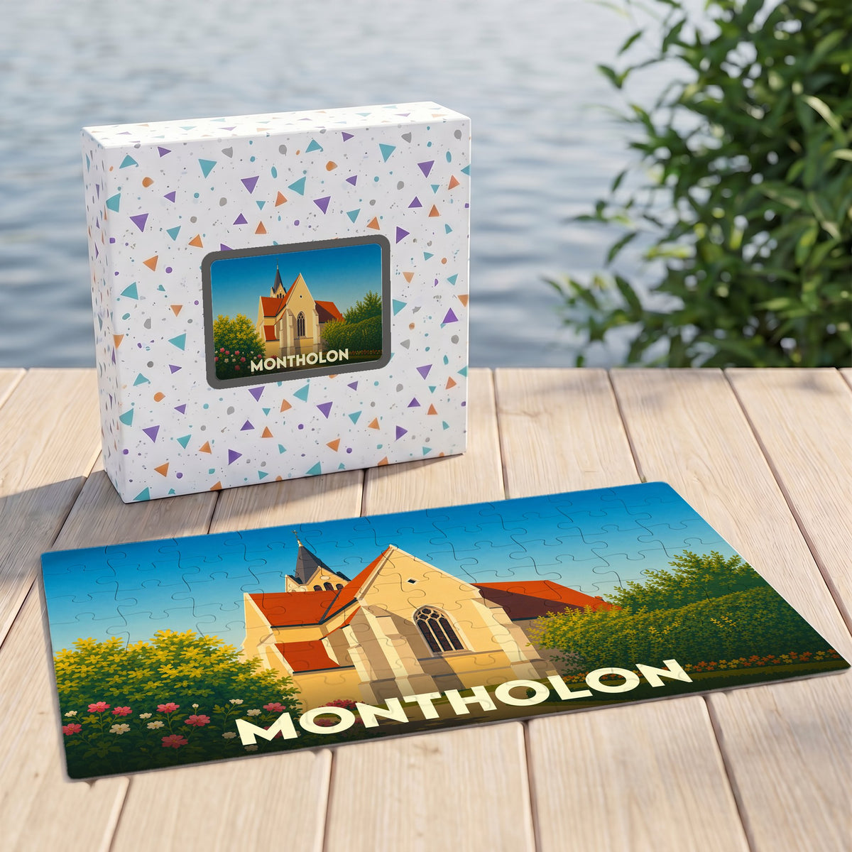 Puzzle souvenir de la ville de Montholon avec une illustration stylisée de son église.