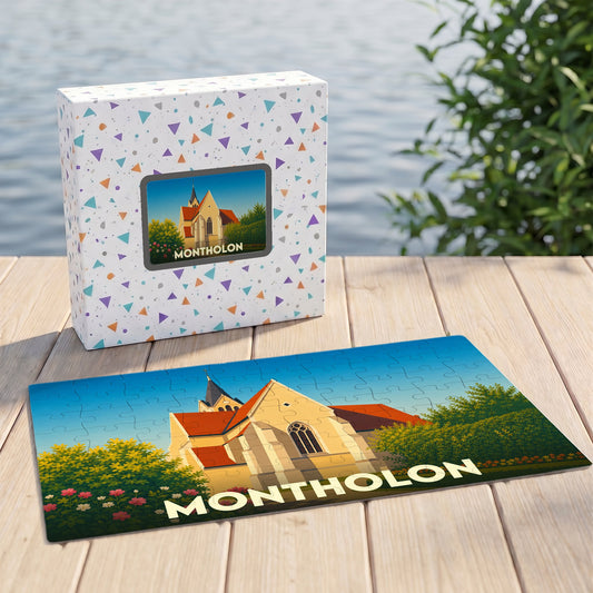 Puzzle souvenir de la ville de Montholon avec une illustration stylisée de son église.