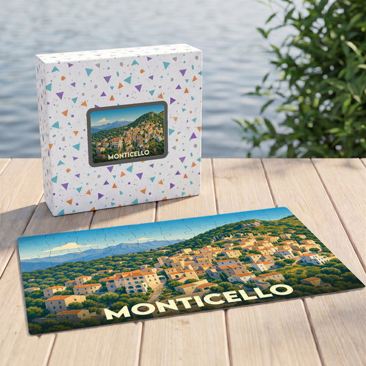 Puzzle souvenir de la ville de Monticello avec une illustration stylisée d'un village corse en bord de mer.
