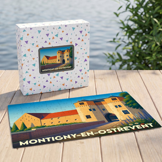 Puzzle souvenir de la ville de Montigny-en-Ostrevent avec une illustration stylisée d'un château médiéval.