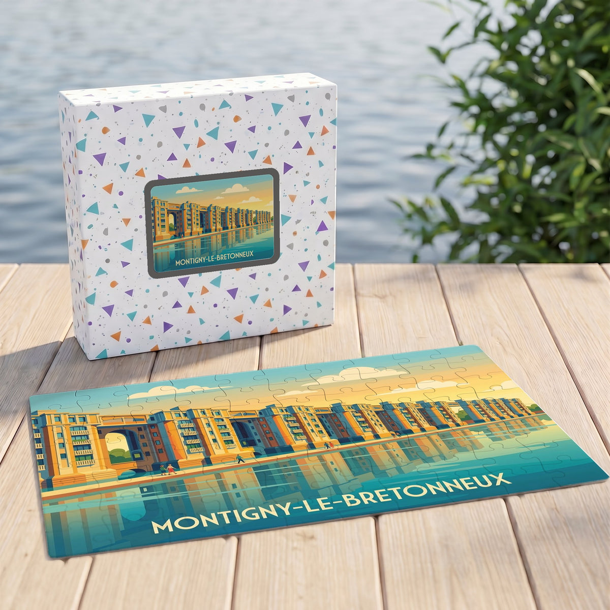 Puzzle souvenir de la ville de Montigny-le-Bretonneux avec une illustration stylisée de son architecture emblématique au bord de l'eau.