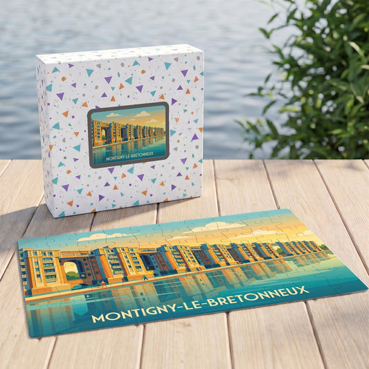 Puzzle souvenir de la ville de Montigny-le-Bretonneux avec une illustration stylisée de son architecture emblématique au bord de l'eau.