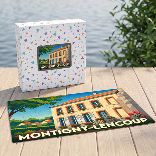 Puzzle souvenir de la ville de Montigny-Lencoup avec une illustration stylisée d'une maison de maître.