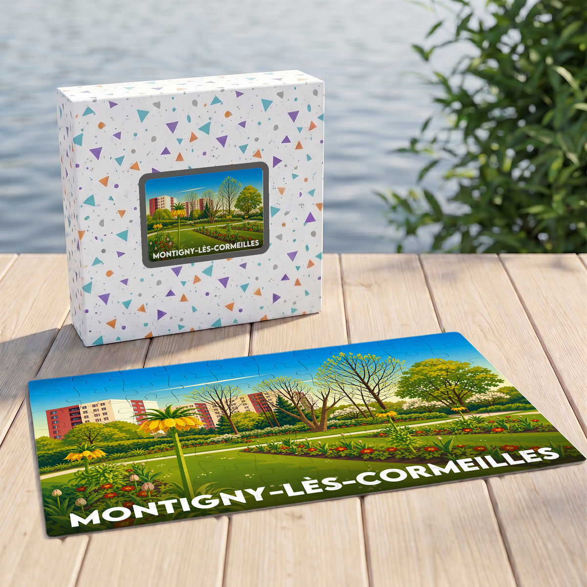 Puzzle souvenir de la ville de Montigny-lès-Cormeilles avec une illustration stylisée d'un parc fleuri.