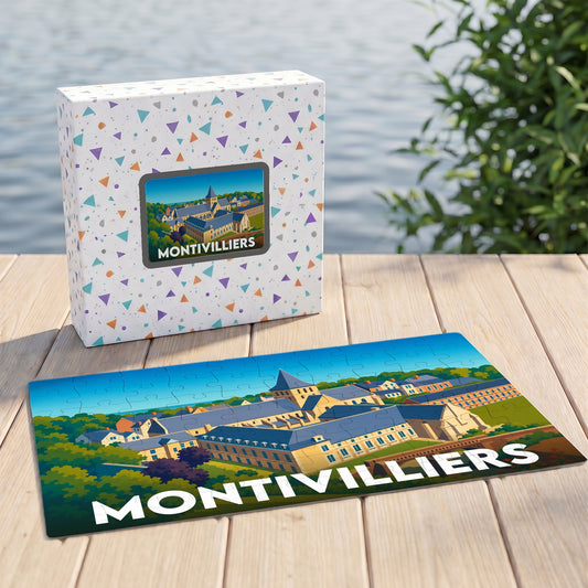 Puzzle souvenir de la ville de Montivilliers présentant une illustration stylisée de son abbaye dans sa boîte assortie.