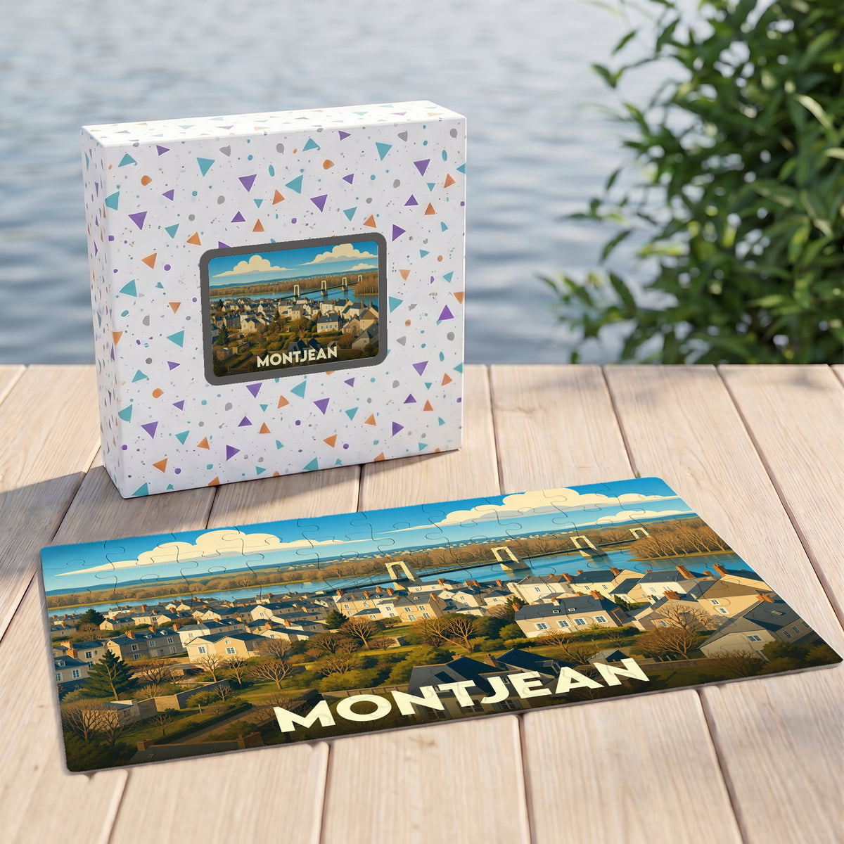 Puzzle souvenir de la ville de Montjean avec une illustration stylisée des toits et du pont.