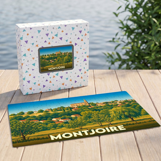 Puzzle souvenir de la ville de Montjoire avec une illustration stylisée d'un paysage vallonné.