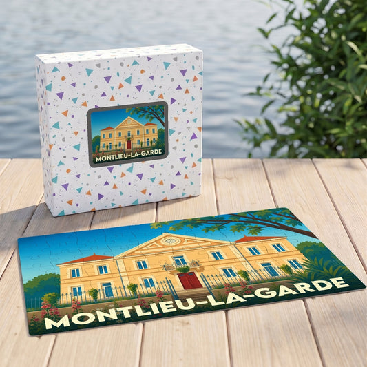 Puzzle souvenir de la ville de Montlieu-la-Garde avec une illustration stylisée de sa mairie.