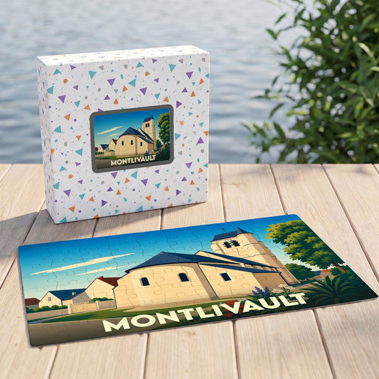 Puzzle souvenir de la ville de Montlivault avec une illustration stylisée de son église.