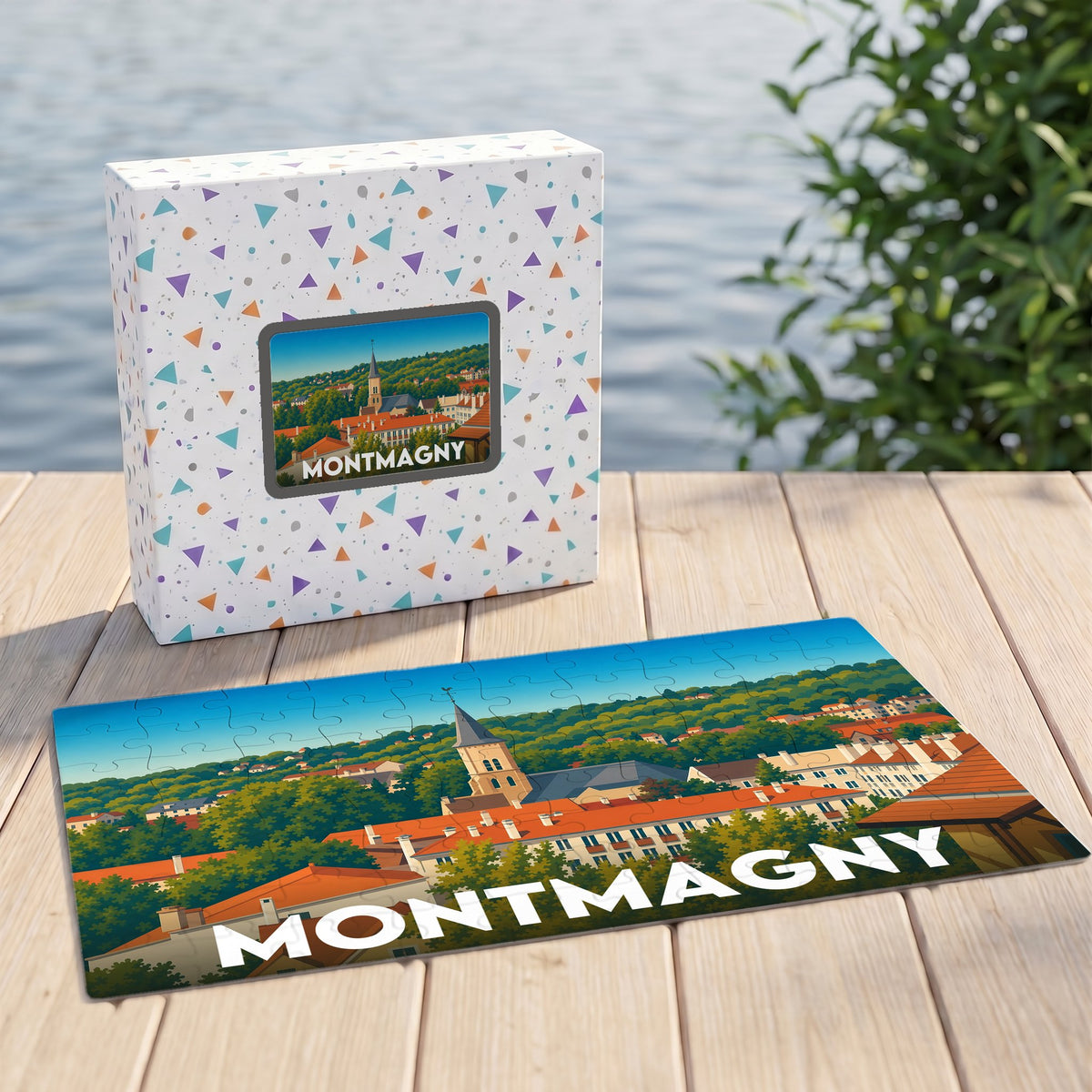 Puzzle souvenir de la ville de Montmagny avec une illustration colorée et son emballage assorti.