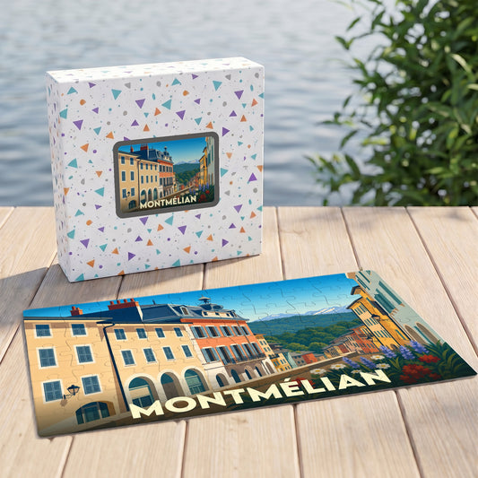 Puzzle souvenir de la ville de Montmélian avec une illustration stylisée et colorée de ses façades.
