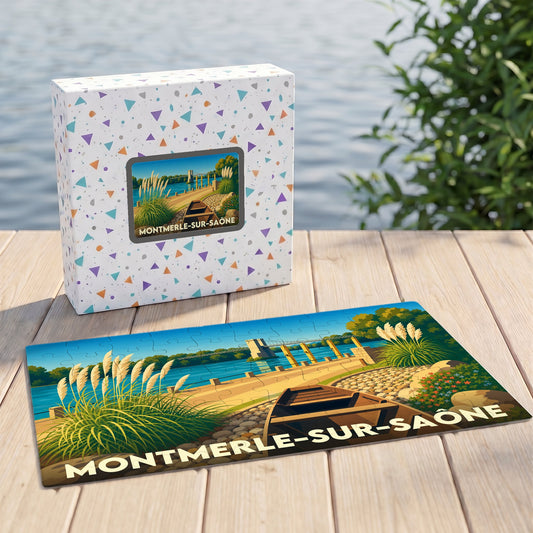 Puzzle souvenir de la ville de Montmerle-sur-Saône avec une illustration stylisée des bords de Saône.