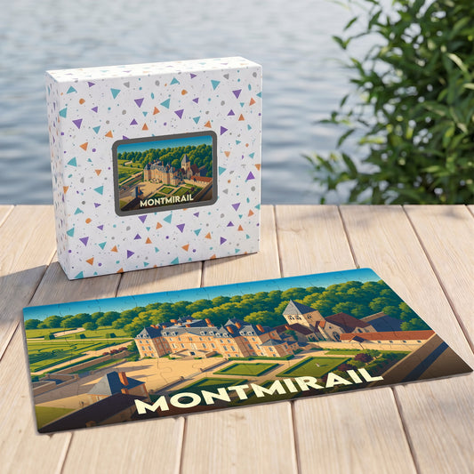 Puzzle souvenir de la ville de Montmirail présentant une illustration stylisée d'un château et de ses jardins.