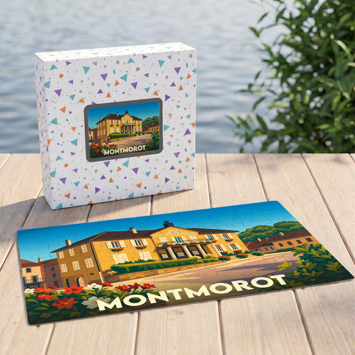 Puzzle souvenir de la ville de Montmorot avec une illustration stylisée d'un bâtiment historique.