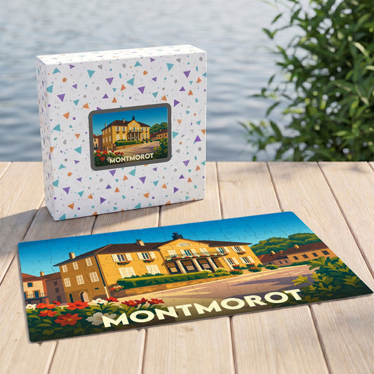 Puzzle souvenir de la ville de Montmorot avec une illustration stylisée d'un bâtiment historique.