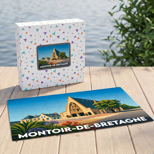 Puzzle souvenir de la ville de Montoir-de-Bretagne avec une illustration stylisée.