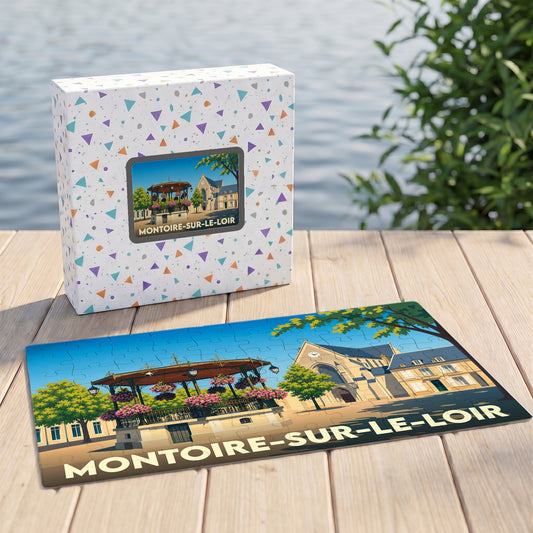 Puzzle souvenir de la ville de Montoire-sur-le-Loir avec une illustration stylisée d'un kiosque et de son église.