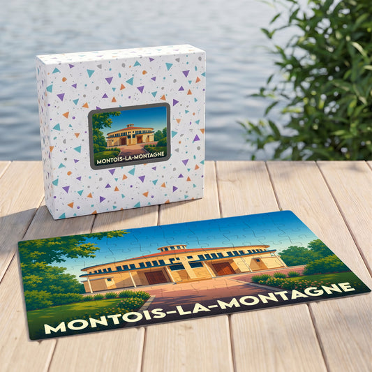 Puzzle souvenir de la ville de Montois-la-Montagne avec une illustration stylisée d'un bâtiment circulaire.