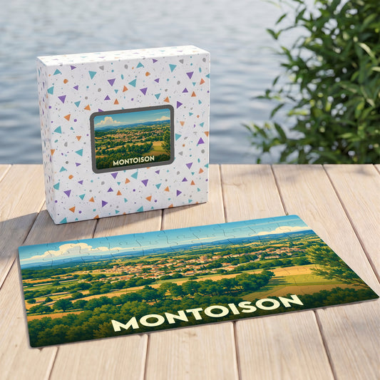 Puzzle souvenir de la ville de Montoison avec une illustration panoramique stylisée présentée à côté de sa boîte.
