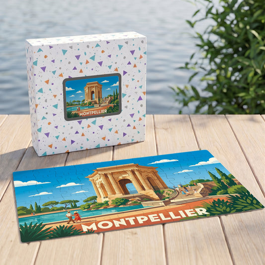 Puzzle souvenir de la ville de Montpellier avec une illustration stylisée de la promenade du Peyrou.