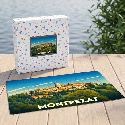 Puzzle souvenir de la ville de Montpezat avec une illustration stylisée.