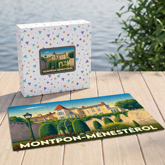 Puzzle souvenir de la ville de Montpon-Ménestérol avec une illustration de style affiche vintage.