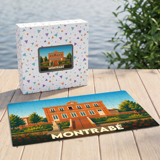 Puzzle souvenir de la ville de Montrabé avec une illustration stylisée de sa mairie.