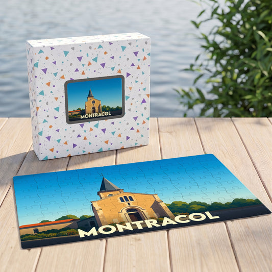 Puzzle souvenir de la ville de Montracol avec une illustration stylisée de son église.