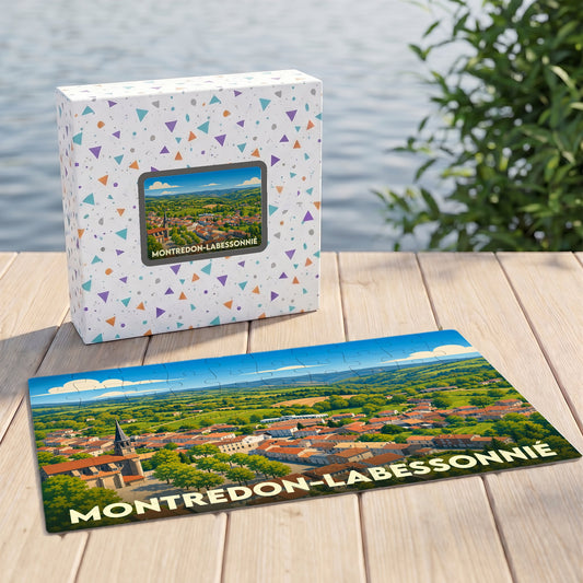 Puzzle souvenir de la ville de Montredon-Labessonnié avec son illustration paysagère stylisée.