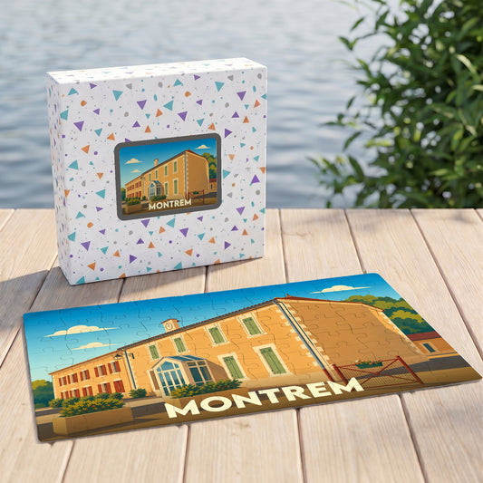 Puzzle souvenir de la ville de Montrem avec une illustration stylisée d'un bâtiment ensoleillé.