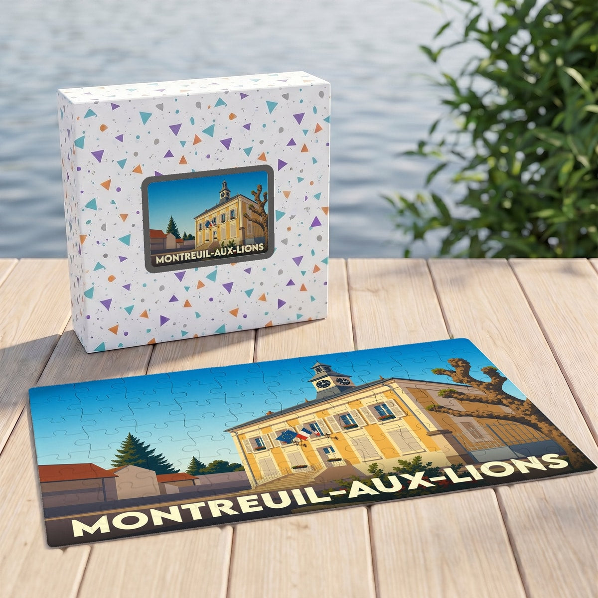 Puzzle souvenir de la ville de Montreuil-aux-Lions avec une illustration stylisée de sa mairie.