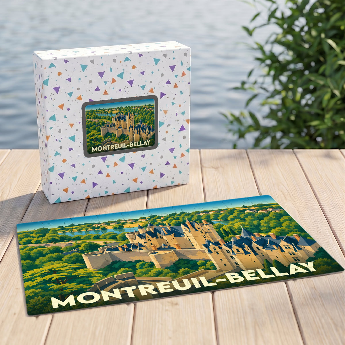 Puzzle souvenir de la ville de Montreuil-Bellay illustré d'un château médiéval dans un style affiche vintage.