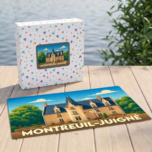 Puzzle souvenir de la ville de Montreuil-Juigné avec une illustration stylisée d'un château.