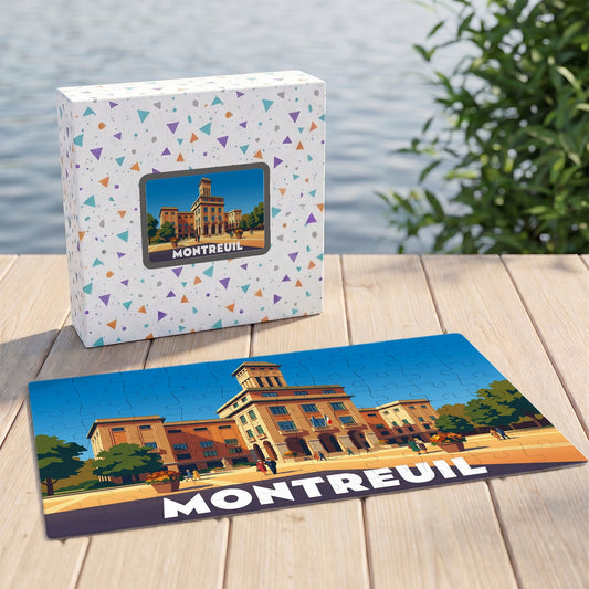 Puzzle souvenir de la ville de Montreuil avec une illustration stylisée de son hôtel de ville.