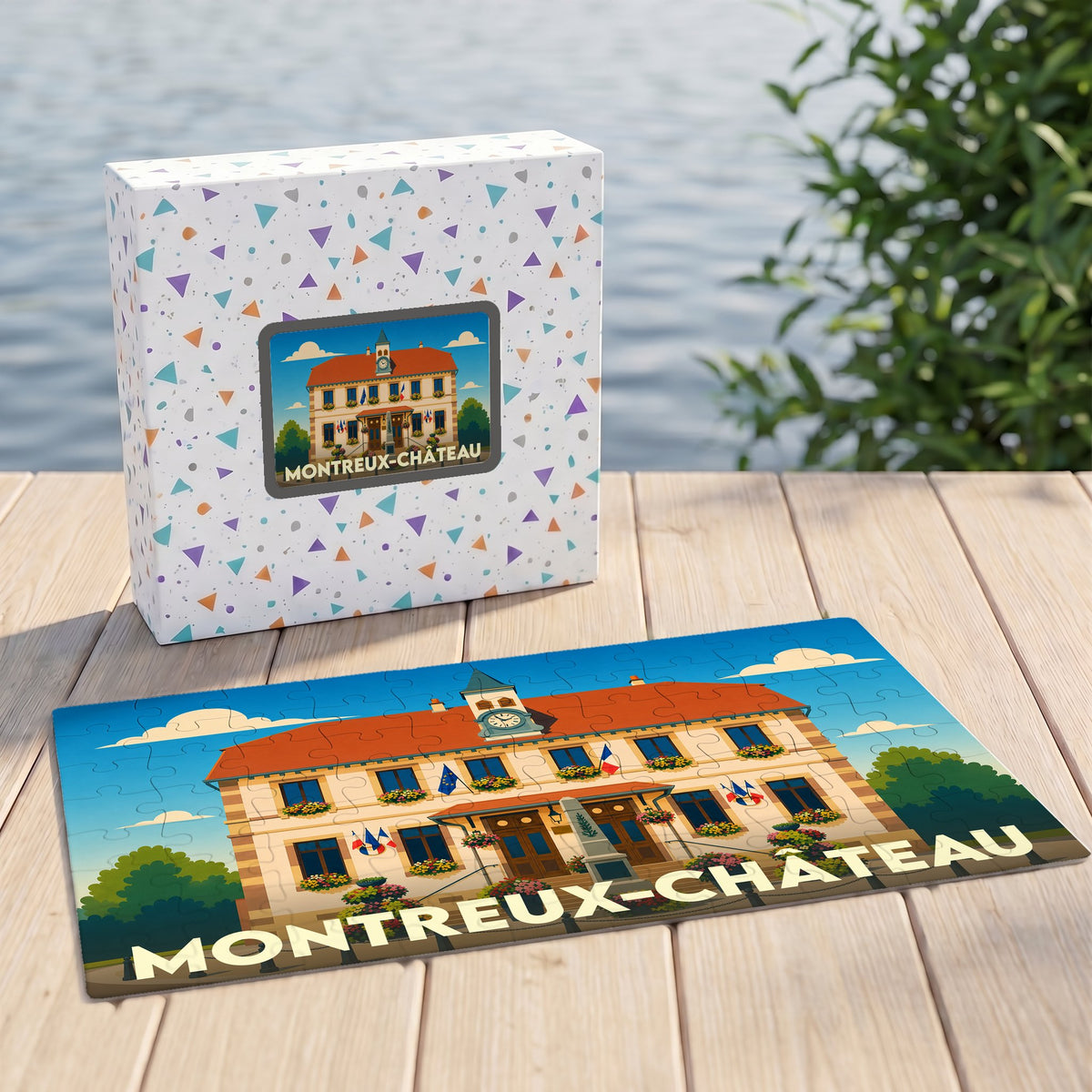 Puzzle souvenir de la ville de Montreux-Château avec une illustration stylisée de sa mairie.
