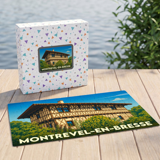 Puzzle souvenir de la ville de Montrevel-en-Bresse illustrant une maison à colombages traditionnelle.