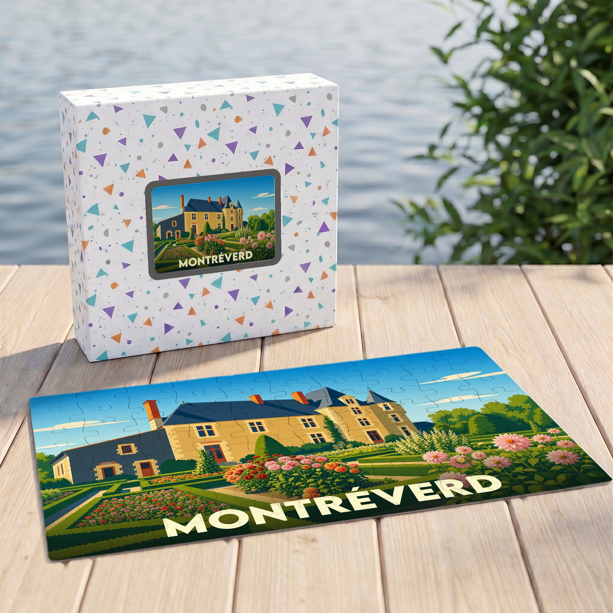 Puzzle souvenir de la commune de Montréverd illustré d'un manoir et de ses jardins fleuris.