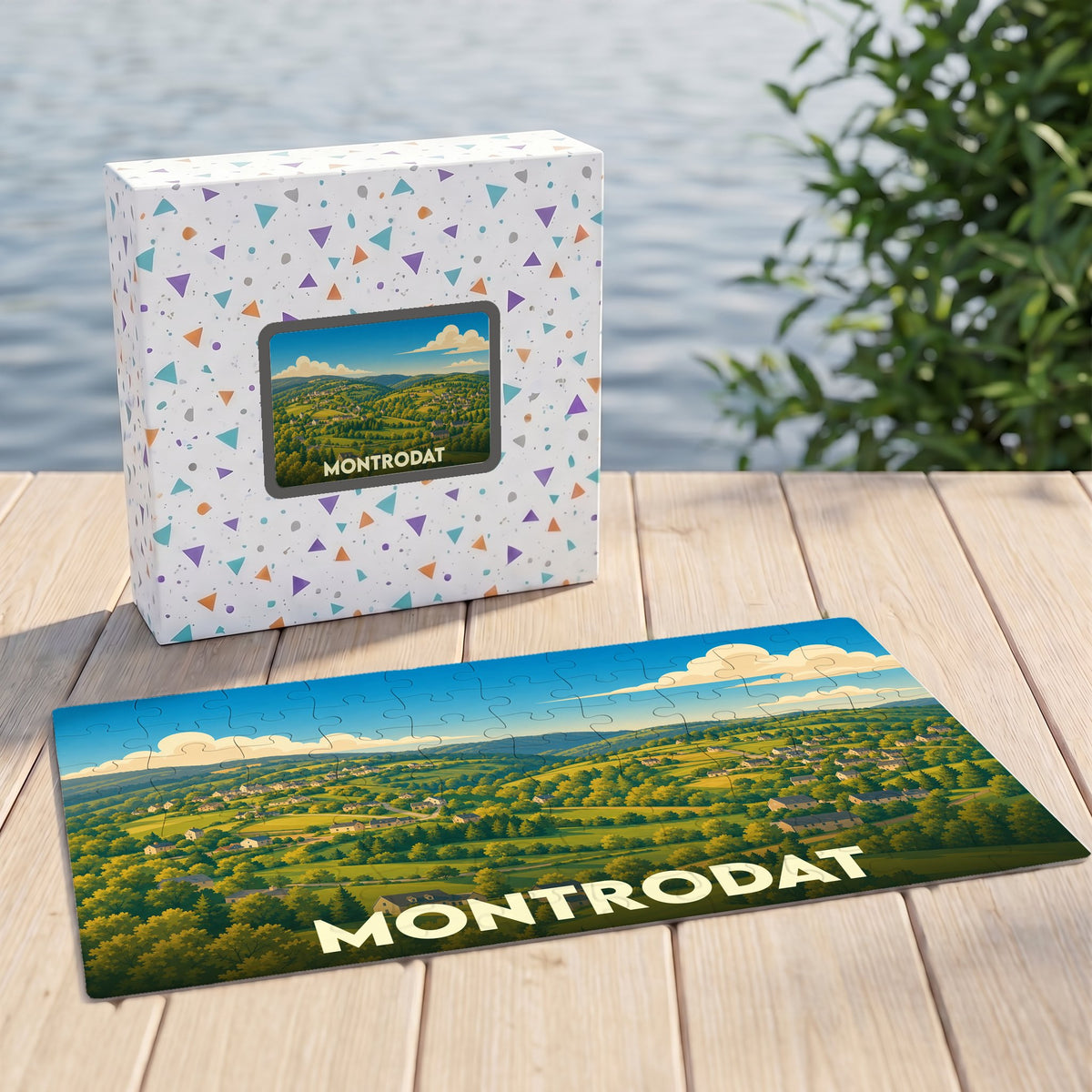 Puzzle souvenir de la ville de Montrodat avec une illustration paysagère stylisée.