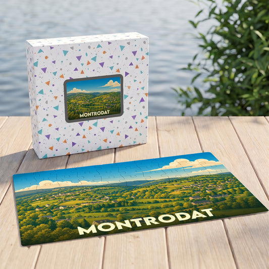 Puzzle souvenir de la ville de Montrodat avec une illustration paysagère stylisée.