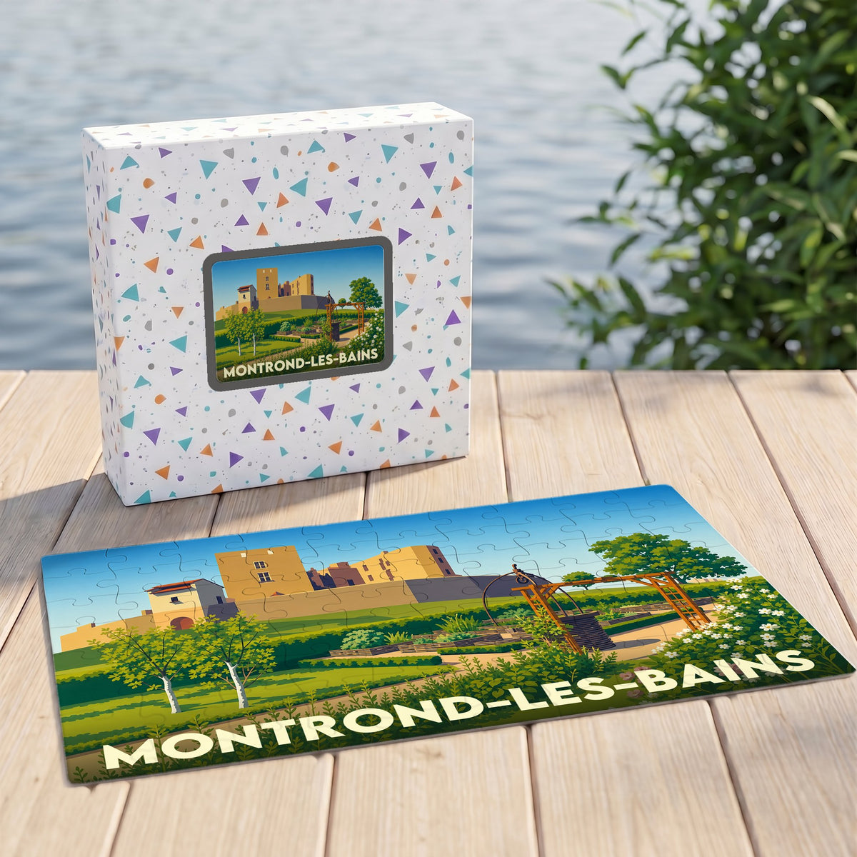 Puzzle souvenir de la ville de Montrond-les-Bains avec une illustration stylisée de son château et de ses jardins.