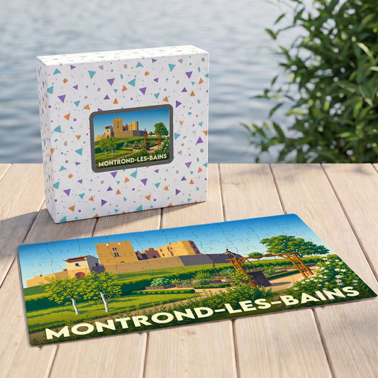 Puzzle souvenir de la ville de Montrond-les-Bains avec une illustration stylisée de son château et de ses jardins.