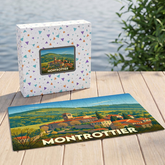 Puzzle souvenir de la ville de Montrottier avec une illustration stylisée de son paysage vallonné.