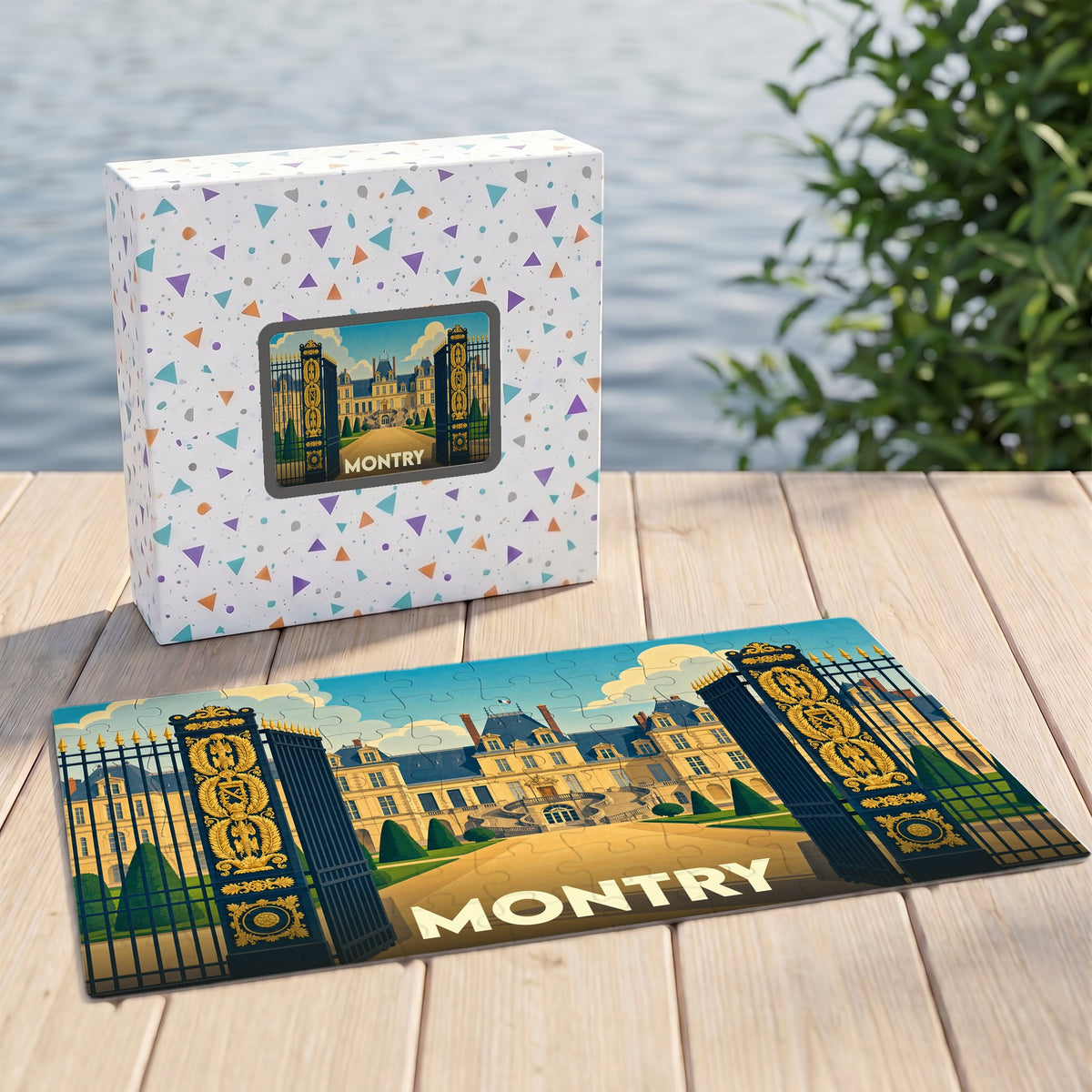 Puzzle souvenir de la ville de Montry illustrant un château derrière des grilles dorées.