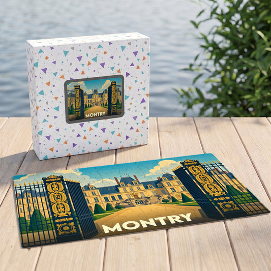 Puzzle souvenir de la ville de Montry illustrant un château derrière des grilles dorées.