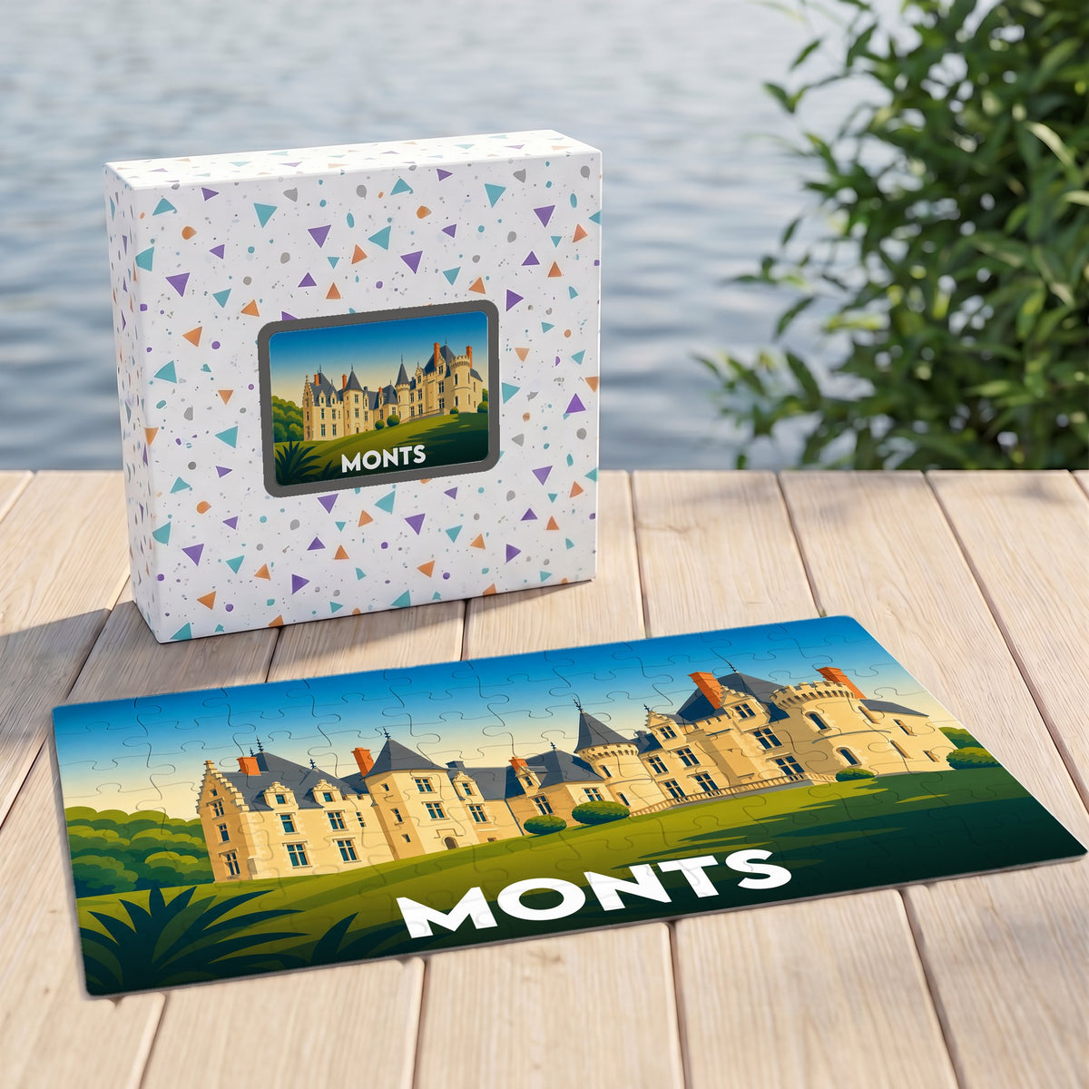 Puzzle souvenir de la ville de Monts représentant son château avec une illustration stylisée.
